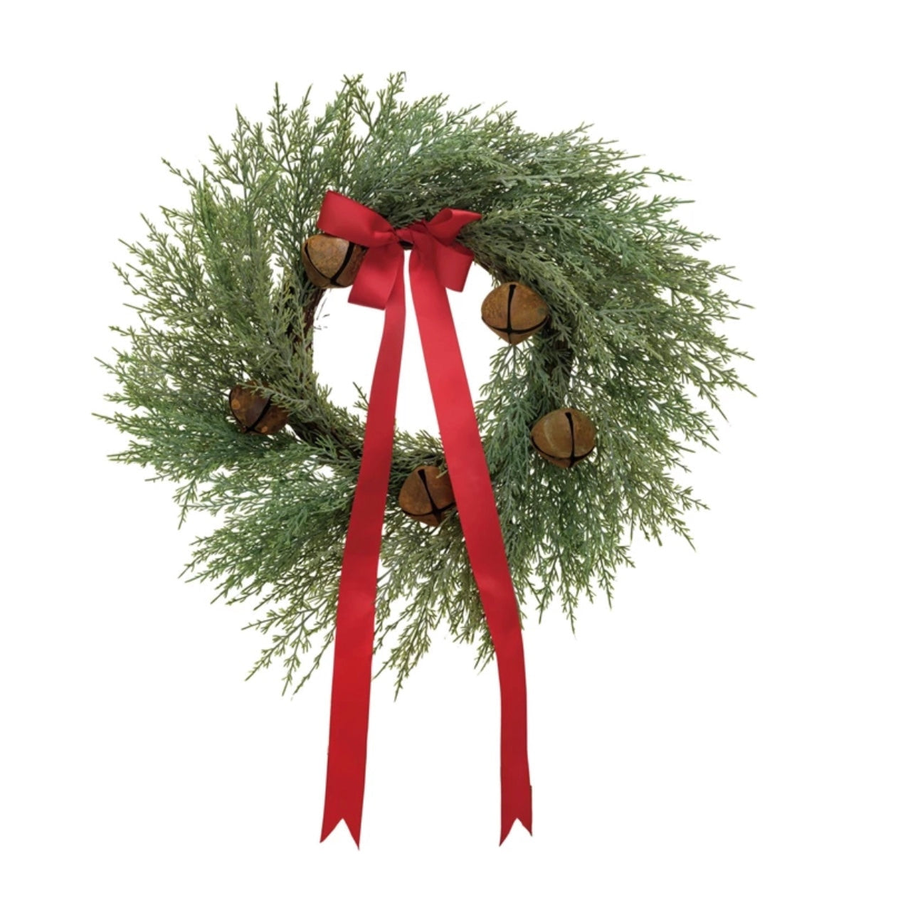 24IN Faux Wreath w/ Red Ribbon & Rust Finish Metal Bells