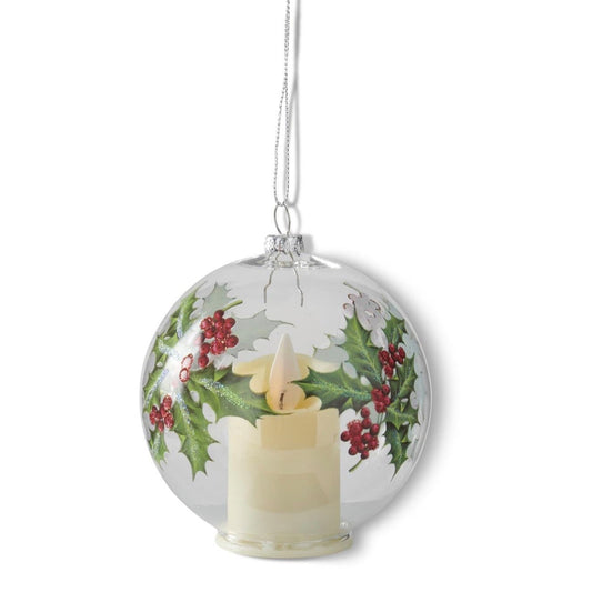 4.75 INCH LED CLEAR GLASS HOLLY ORNAMENT W/TIMER