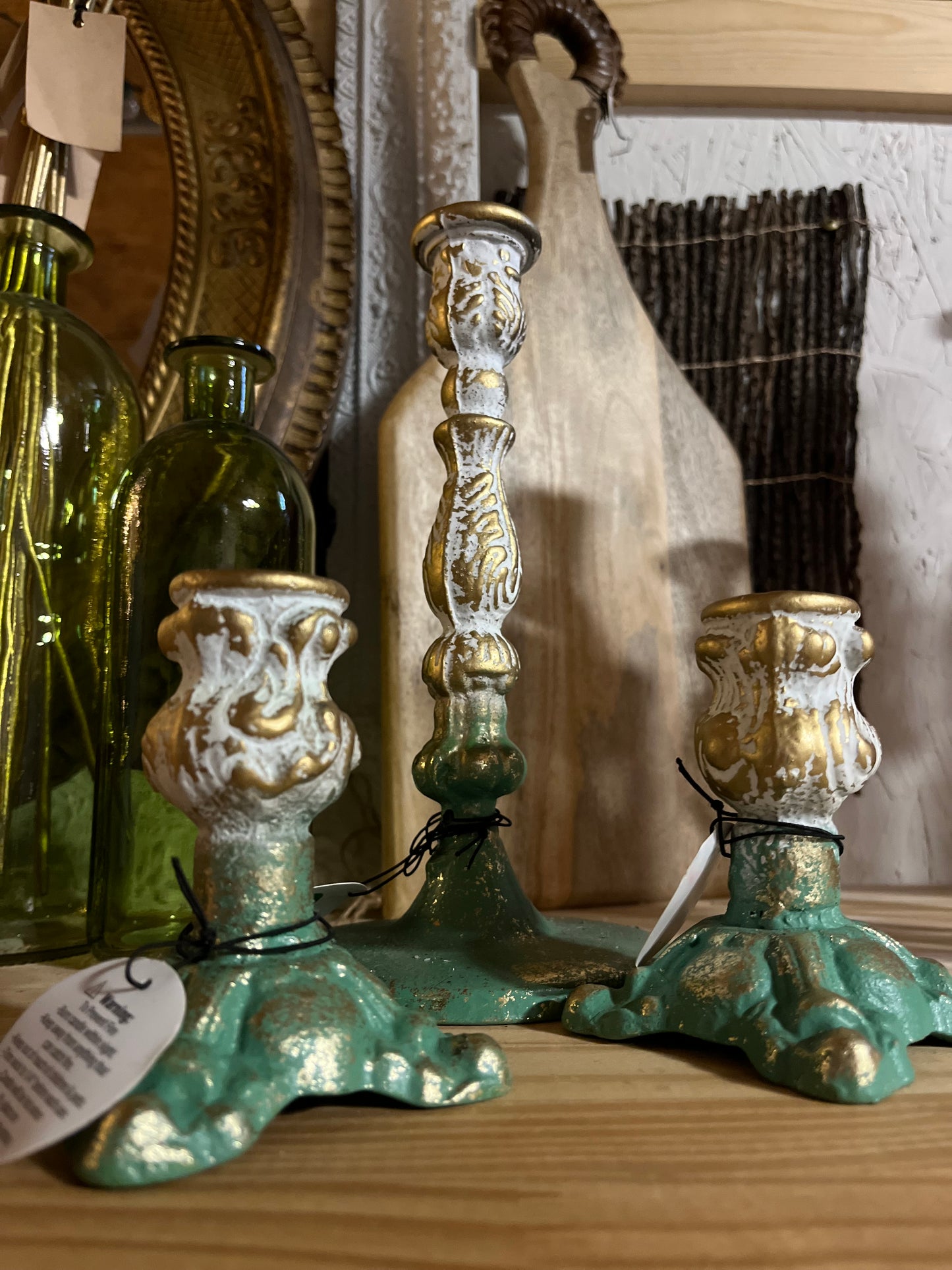 Cast Iron Taper Holder, Distressed Finish, Green, Gold & Cream Color