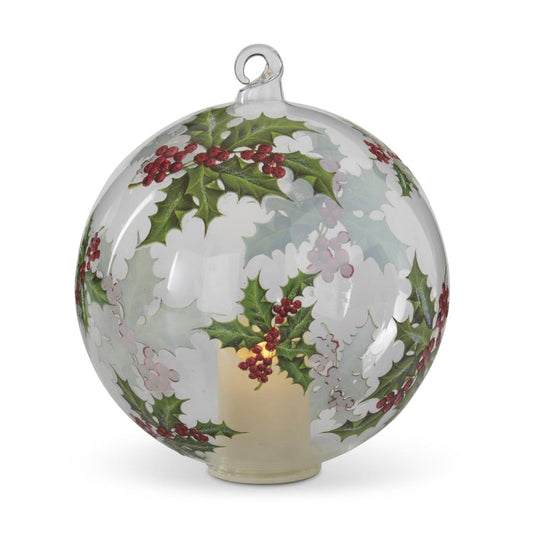 6 INCH LED CLEAR GLASS HOLLY ORNAMENT W/TIMER