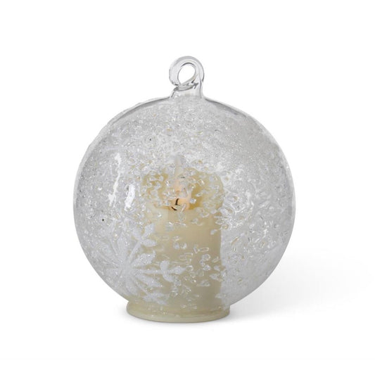 6 INCH LED ICE TEXTURED CLEAR GLASS WHITE SNOWFLAKES ORNAMENT W/TIMER
