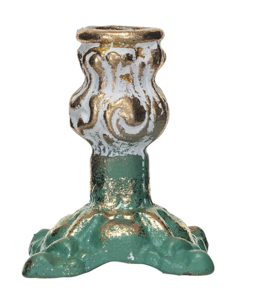 Cast Iron Taper Holder, Distressed Finish, Green, Gold & Cream Color