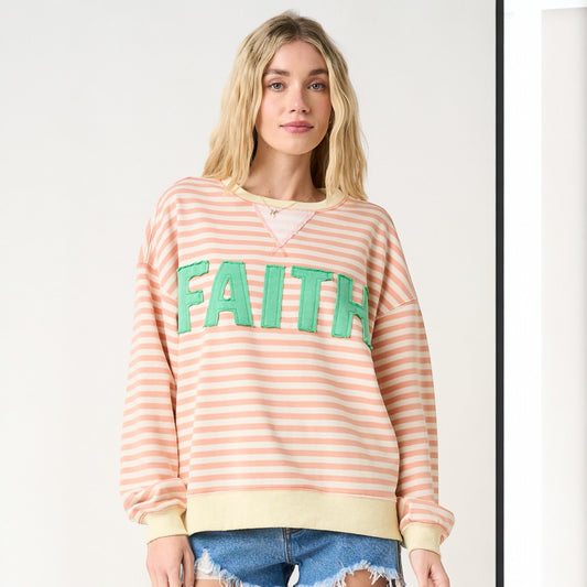 FAITH PATCHWORK STRIPED LONG SLEEVE
SWEATSHIRT