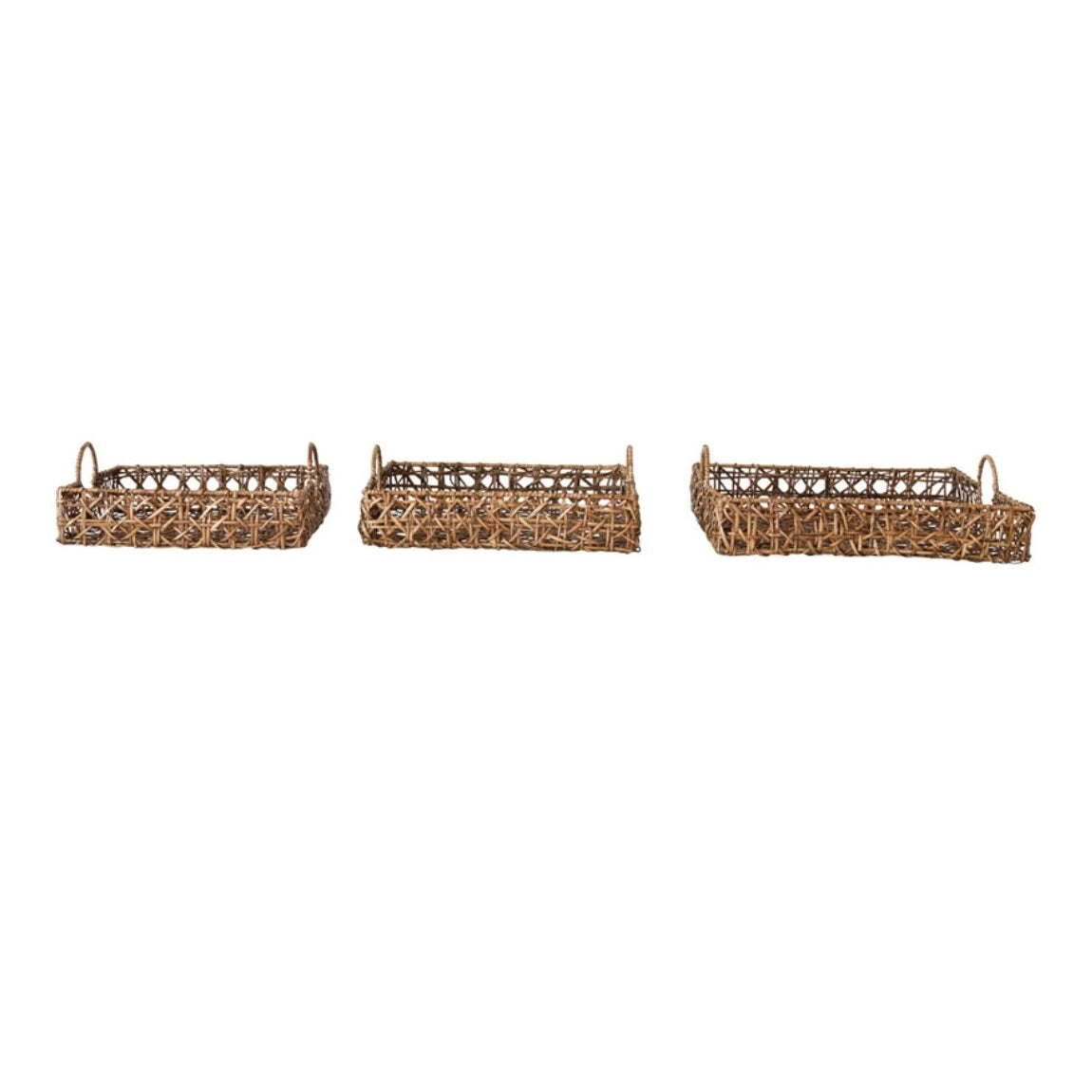 Decorative Hand-Woven Bankuan Trays w/ Handles, Set of 3