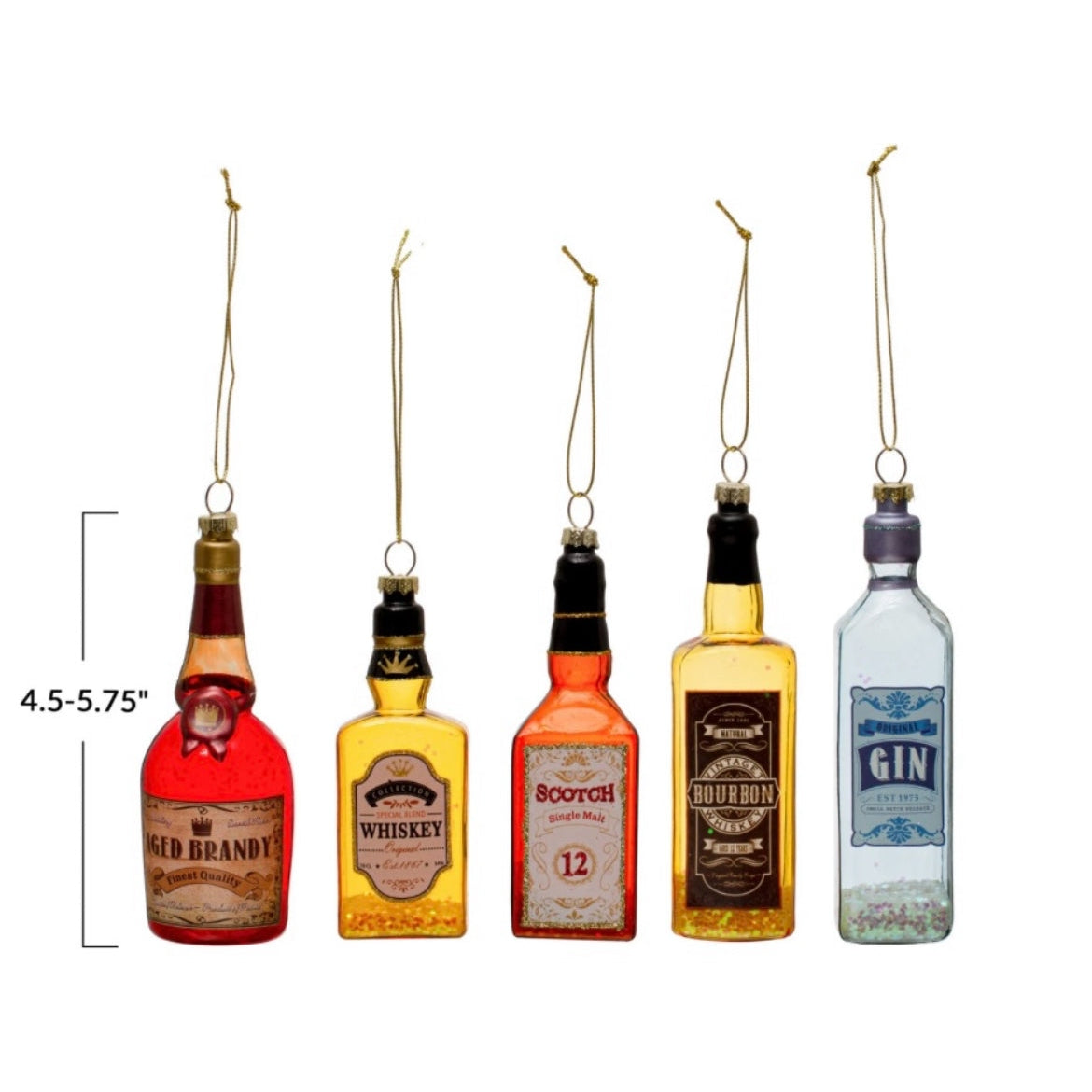 4-1/2"H - 5-3/4"H Glass Liquor Bottle Ornament w/ Glitter, 5 Styles