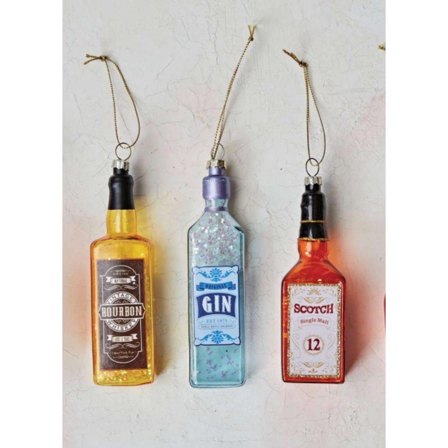 4-1/2"H - 5-3/4"H Glass Liquor Bottle Ornament w/ Glitter, 5 Styles