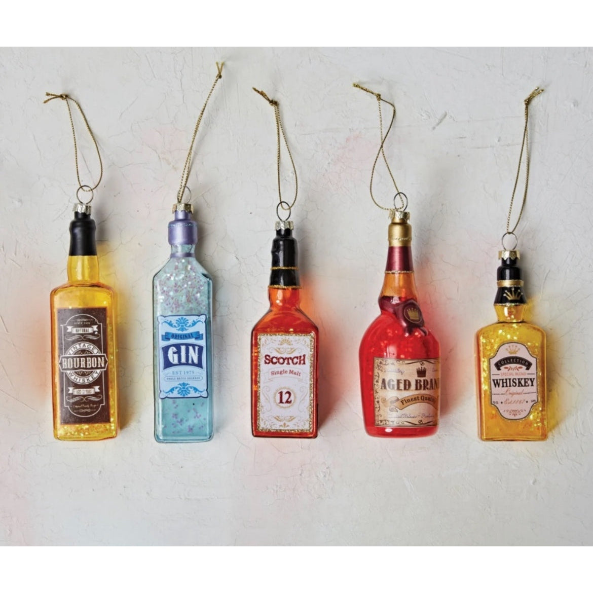 4-1/2"H - 5-3/4"H Glass Liquor Bottle Ornament w/ Glitter, 5 Styles