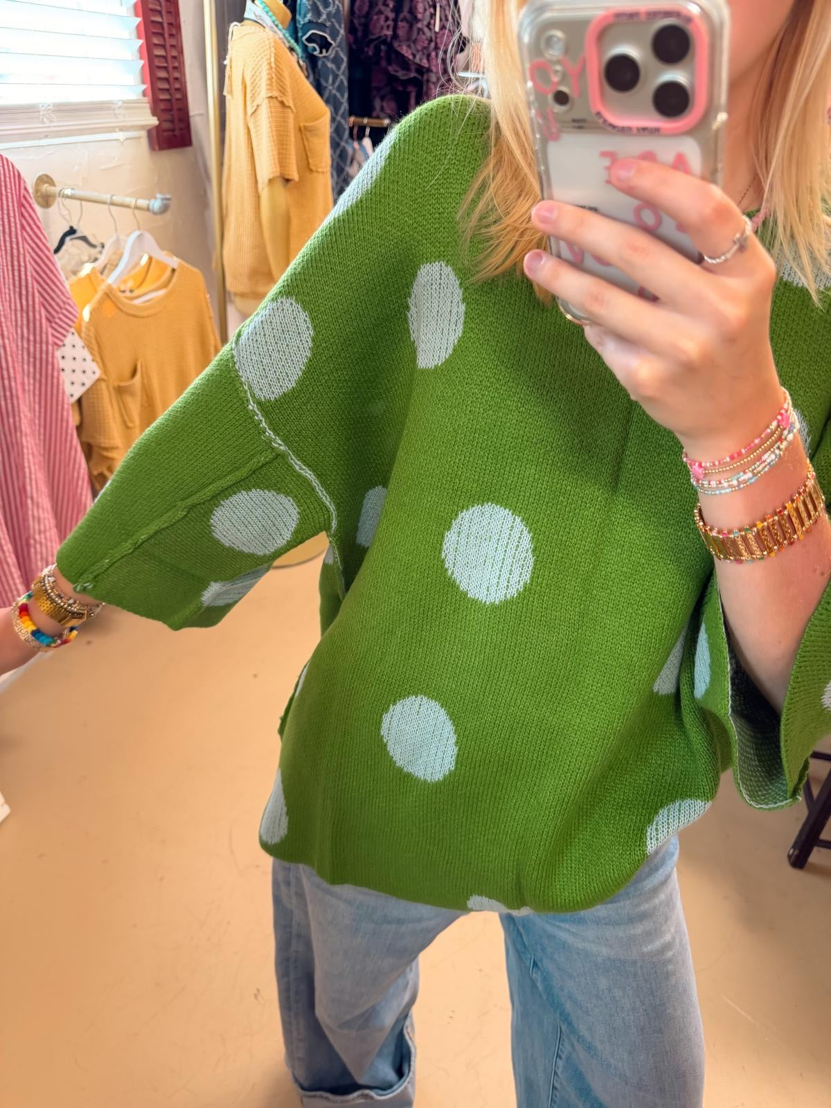 Green Polka Dot Sweater – Oversized Knit Crewneck, Retro Y2K Casual Pullover