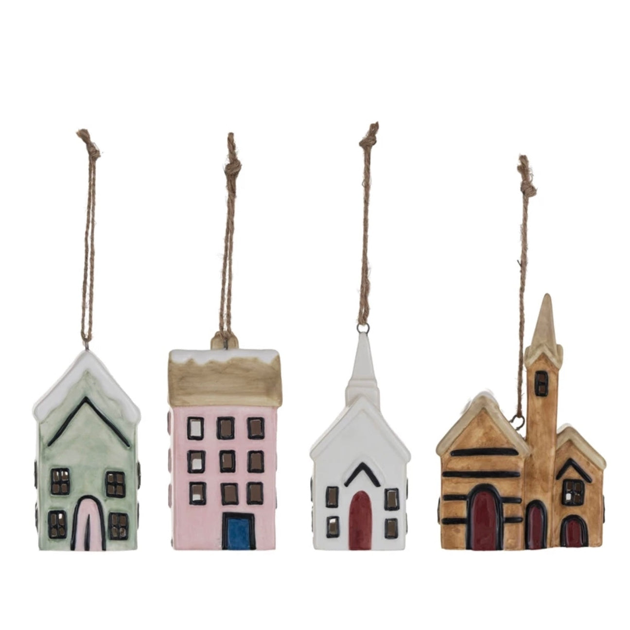 4IN STONEWARE HOUSE ORNAMENT W LED LIGHT, 4 STYLES