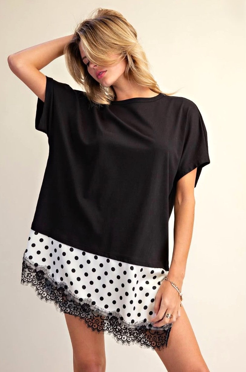 Polka Dot Satin Lace Bottom Cotton Knit Tunic