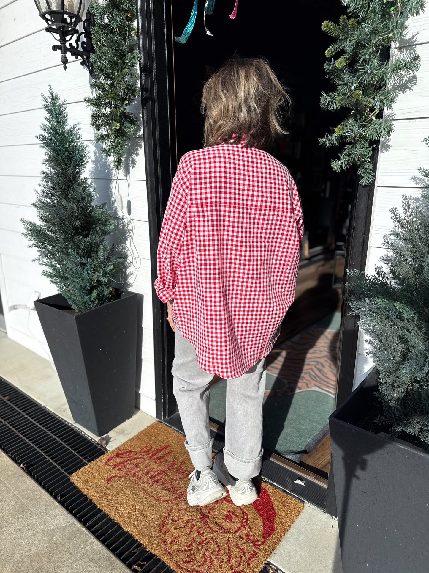 Red Gingham Flannel Button Up