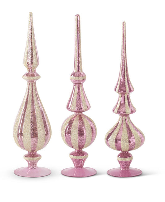 SET OF 3 PINK MERCURY GLASS FINIALS W/CHAMPAGNE GLITTER3