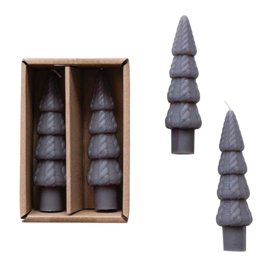 Unscented Tree Shaped Taper Candles in Box, Pewter Color, Set of 2