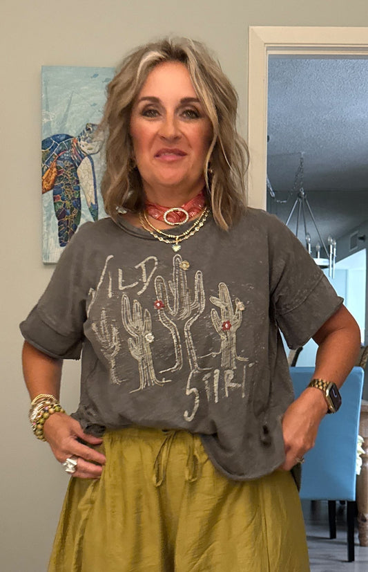 Vintage Western Cactus Graphic T-Shirt – Washed Gray Wild Spirit Tee