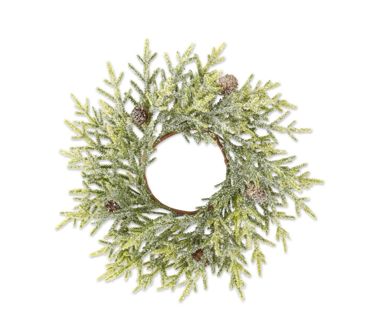 14 INCH SNOWY JUNIPER CANDLE RING W/MINI PINECONES
