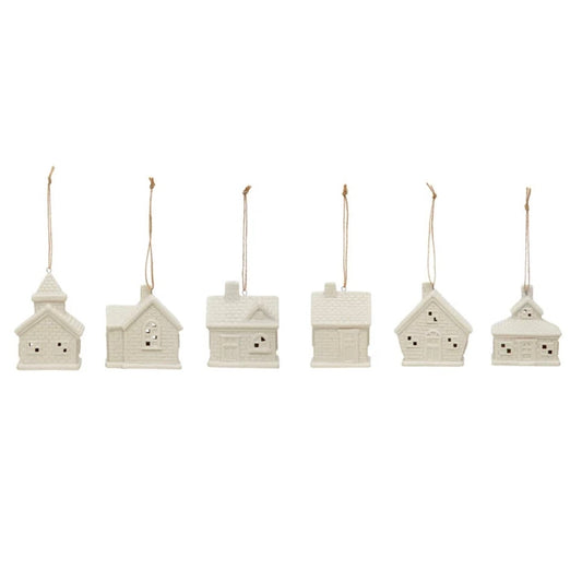 3IN STONEWARE HOUSE ORNAMENT W LED LIGHT, WHITE 6 STYLES