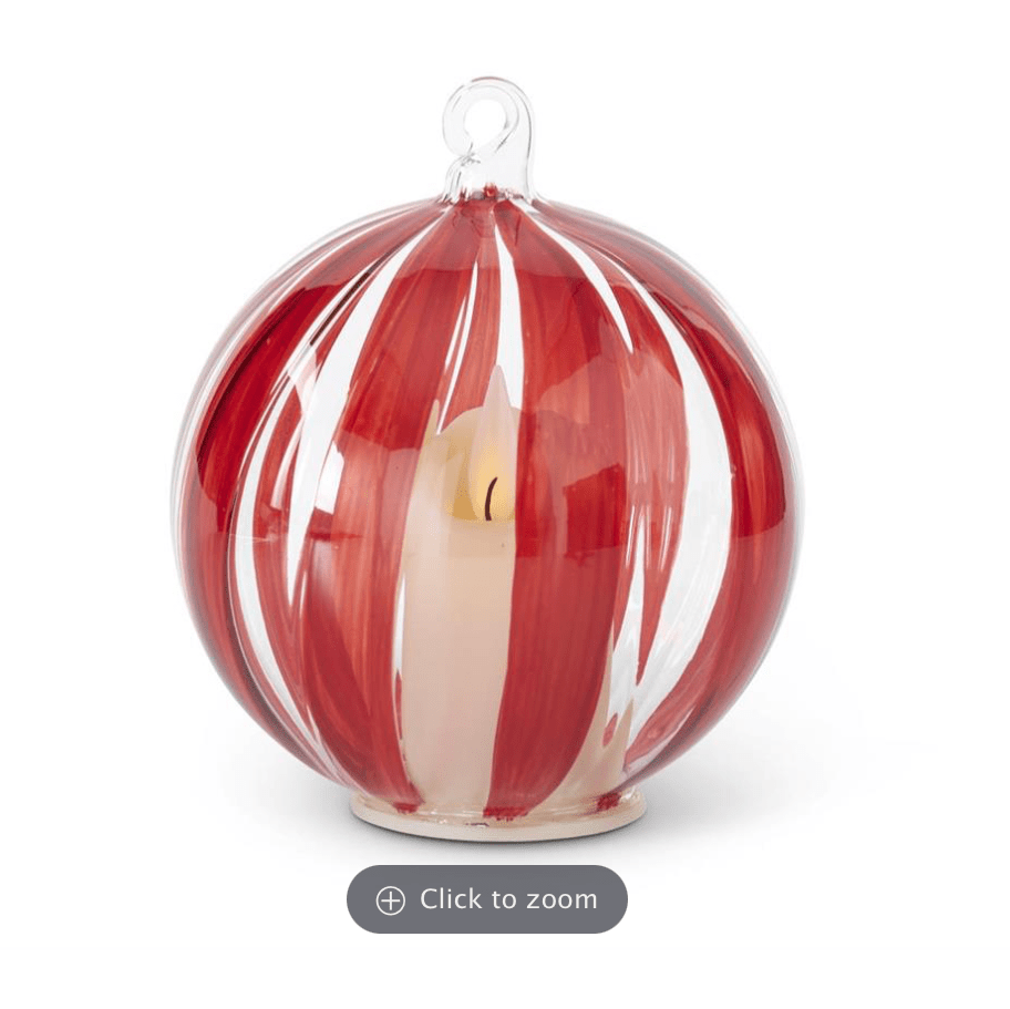 4.5 INCH LED HAND PAINTED RED STRIPE ON CLEAR GLASS ORNAMENT W/TIM