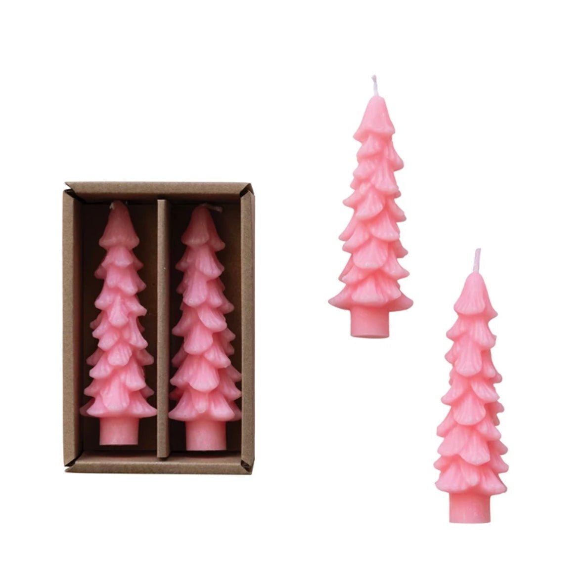 4IN Unscented Tree Shaped Taper Candles in Box, Pink, Set of 2