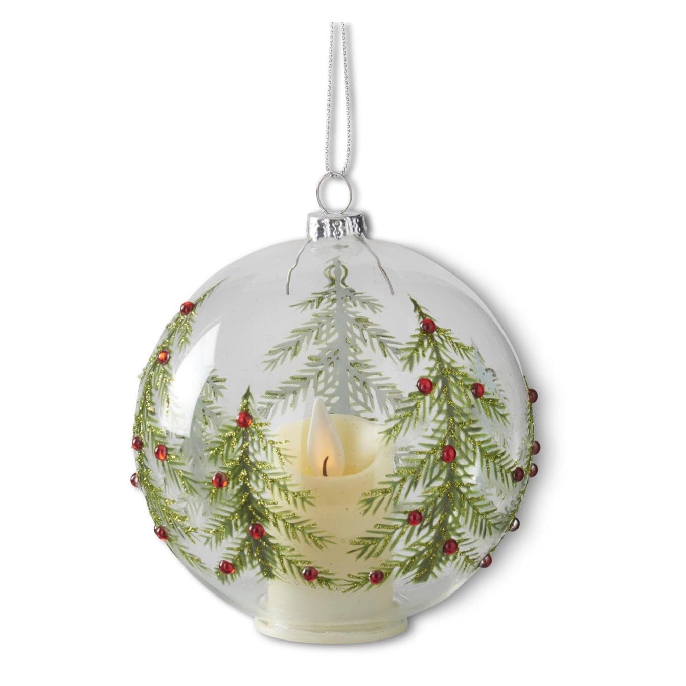4 INCH LED CLEAR GLASS ORNAMENT W/JEWELED CHRISTMAS TREES & TIMER
