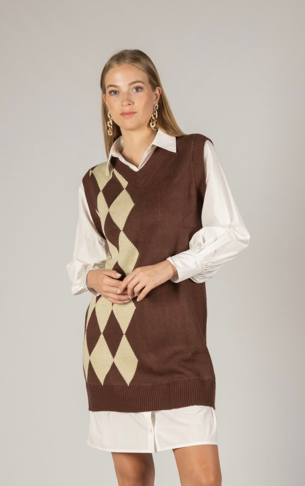 Argyle Chocolate Sweater Vest Dress