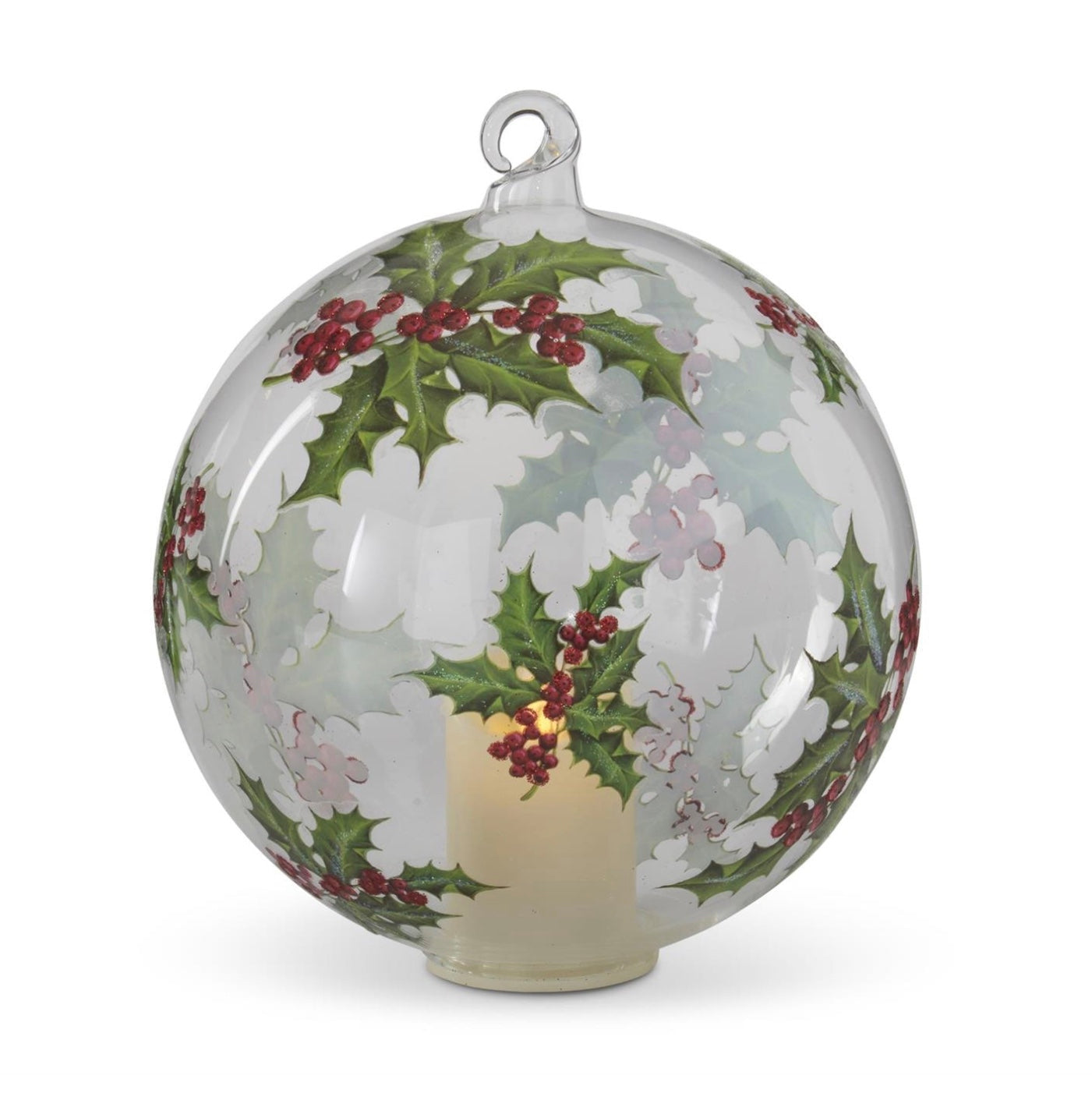 6 INCH LED CLEAR GLASS HOLLY ORNAMENT W/TIMER