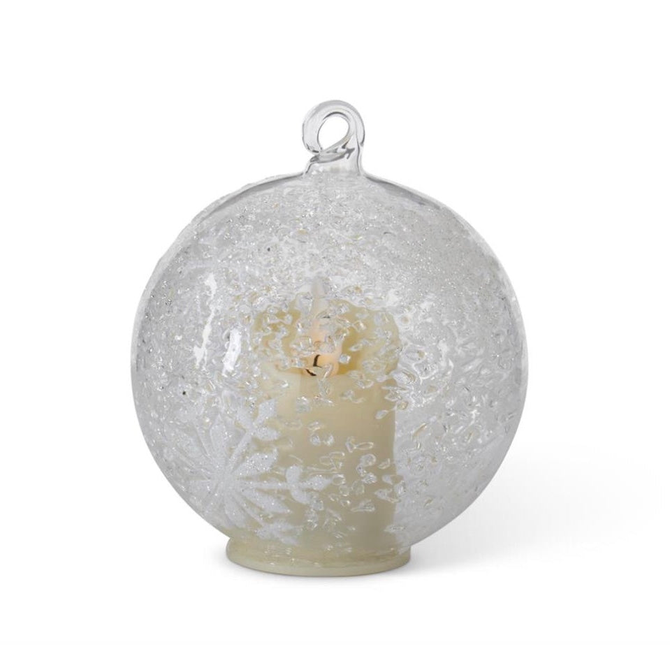 6 INCH LED ICE TEXTURED CLEAR GLASS WHITE SNOWFLAKES ORNAMENT W/TIMER