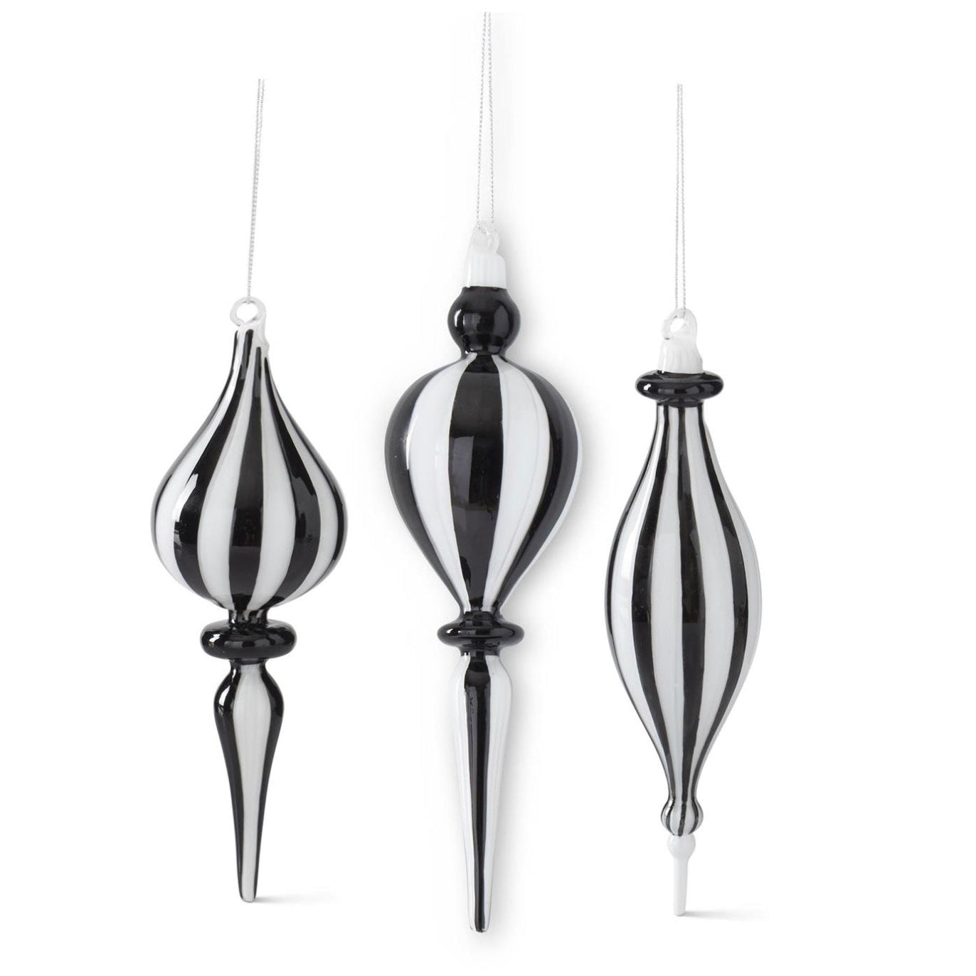 ASSORTED BLACK & WHITE STRIPED GLASS FINIAL ORNAMENTS (3 STYLES)