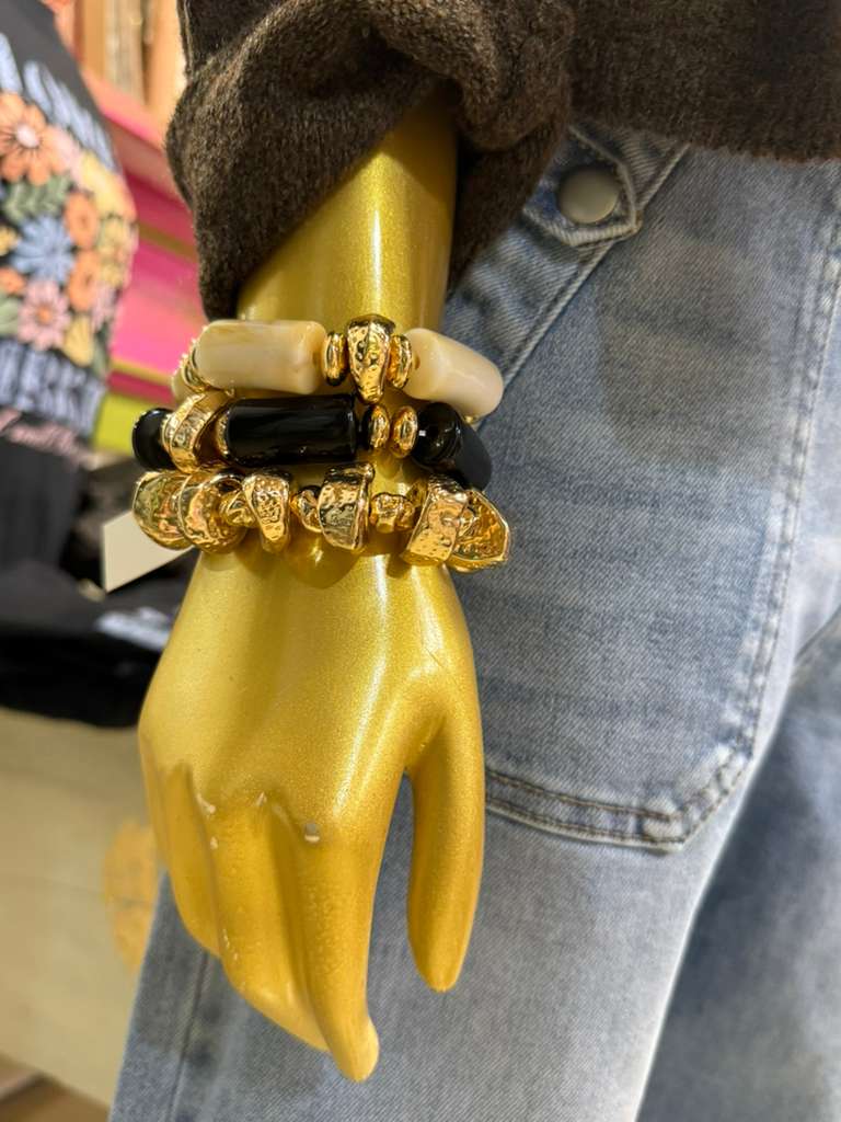 Chunky stackable gold, cream, black bracelets