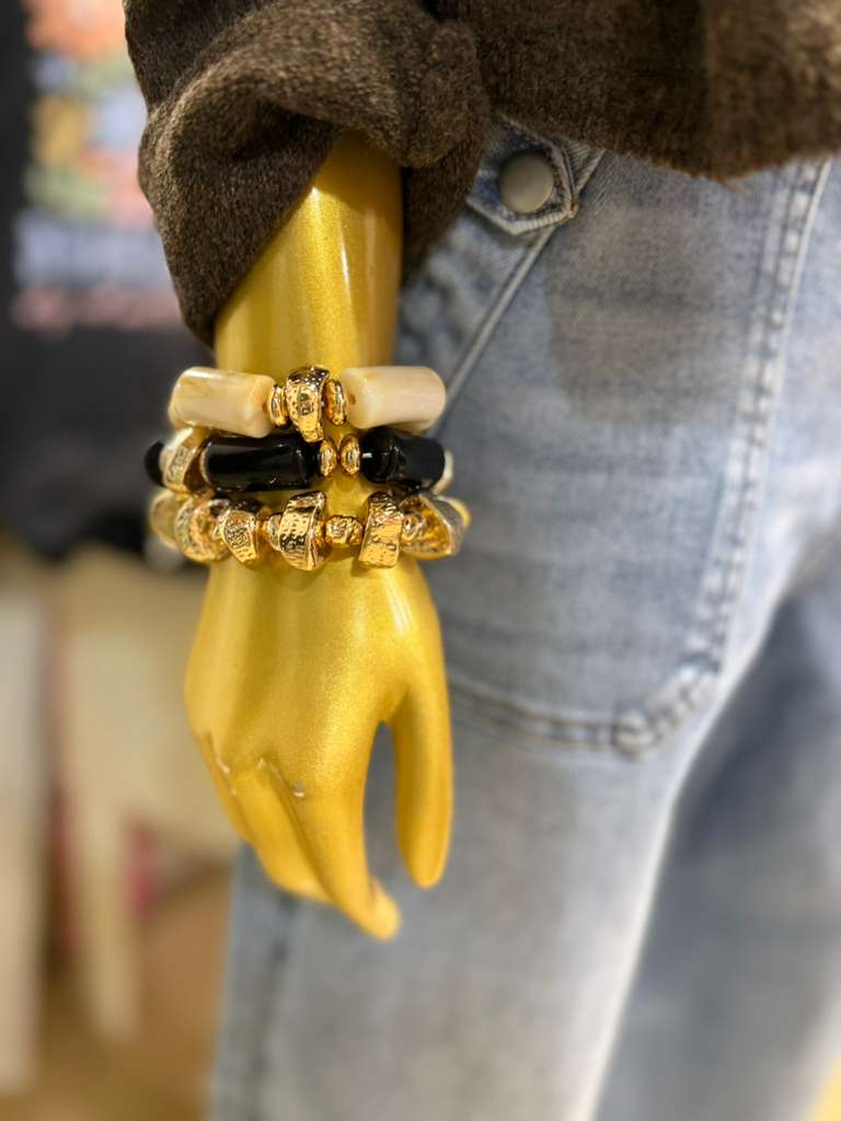 Chunky stackable gold, cream, black bracelets