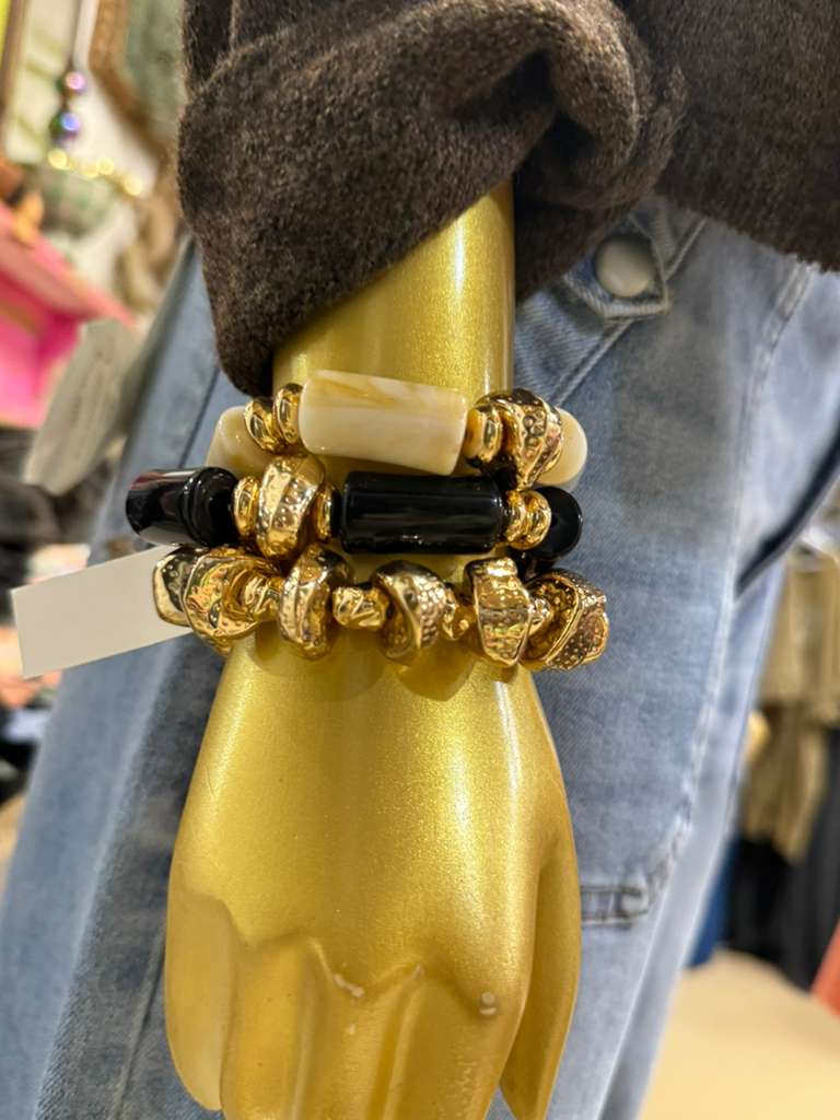 Chunky stackable gold, cream, black bracelets