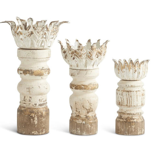 DISTRESSED WHITEWASHED & GOLD WOOD CANDLEHOLDERS W/METAL