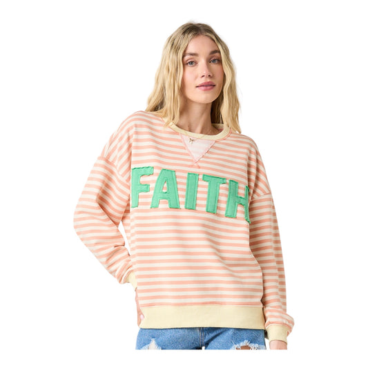FAITH PATCHWORK STRIPED LONG SLEEVE
SWEATSHIRT