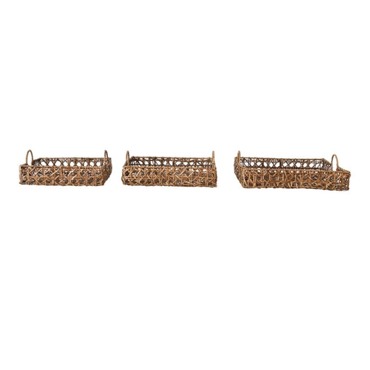 Decorative Hand-Woven Bankuan Trays w/ Handles, Set of 3