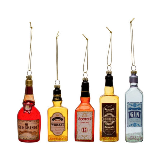 4-1/2"H - 5-3/4"H Glass Liquor Bottle Ornament w/ Glitter, 5 Styles