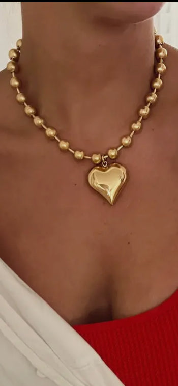 Chunky Heart Necklace – Waterproof Gold Bead Necklace
