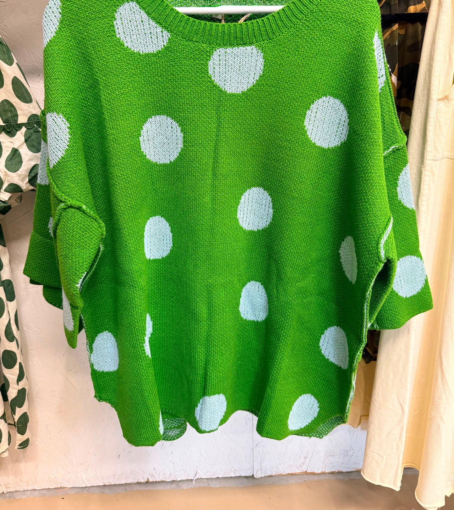 Green Polka Dot Sweater – Oversized Knit Crewneck, Retro Y2K Casual Pullover