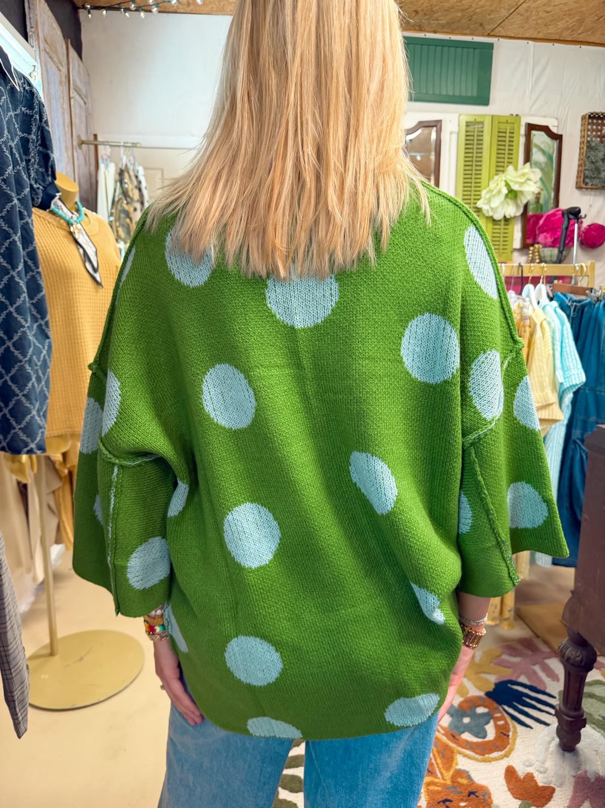 Green Polka Dot Sweater – Oversized Knit Crewneck, Retro Y2K Casual Pullover