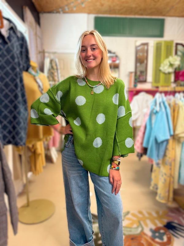 Green Polka Dot Sweater – Oversized Knit Crewneck, Retro Y2K Casual Pullover