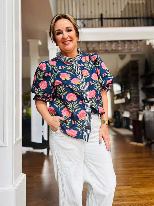 Navy Pink Floral Puff Sleeve Statement Blouse