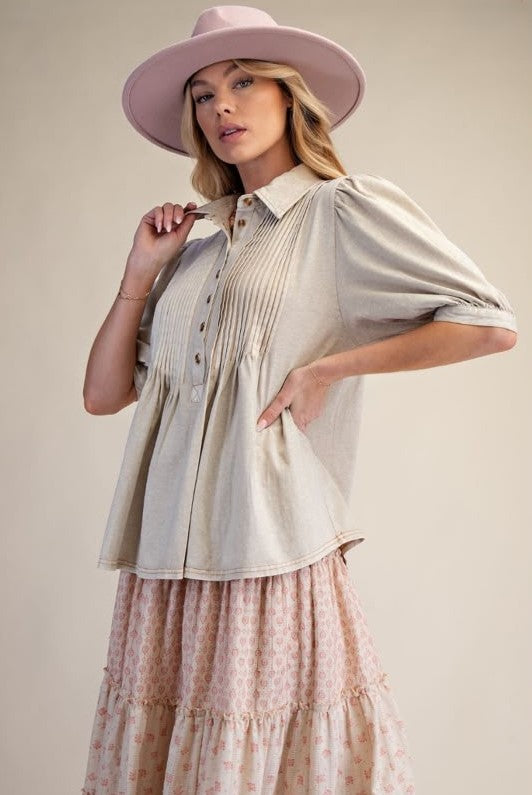 Pintucked Washed Cotton Shirt Top