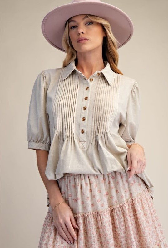 Pintucked Washed Cotton Shirt Top