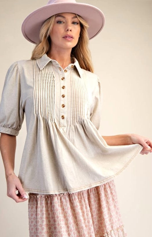 Pintucked Washed Cotton Shirt Top