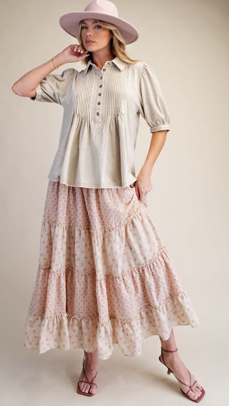 Pintucked Washed Cotton Shirt Top