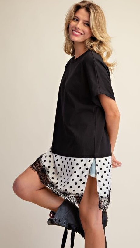 Polka Dot Satin Lace Bottom Cotton Knit Tunic
