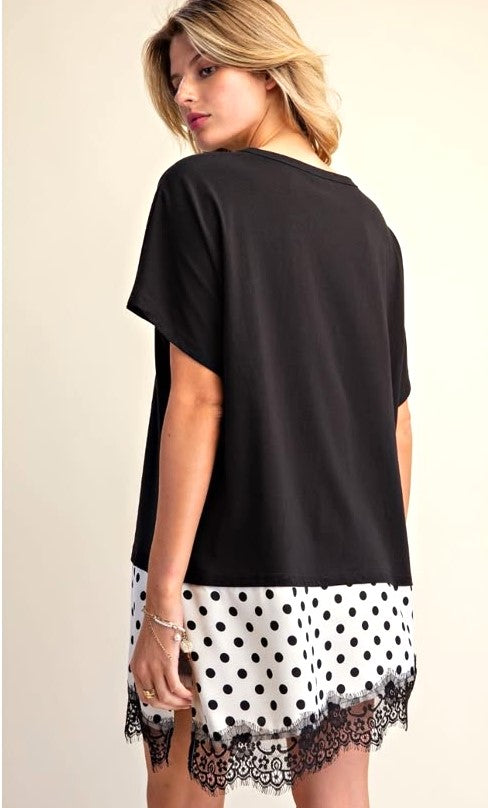 Polka Dot Satin Lace Bottom Cotton Knit Tunic