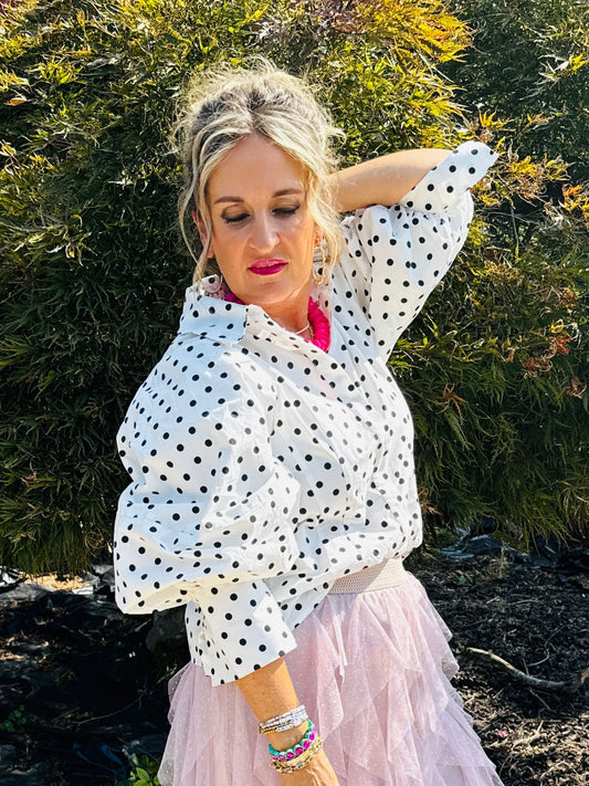 Polka Dot Blouse – Vintage Puff Sleeve Button-Up Top