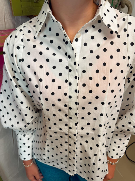 Polka Dot Blouse – Vintage Puff Sleeve Button-Up Top