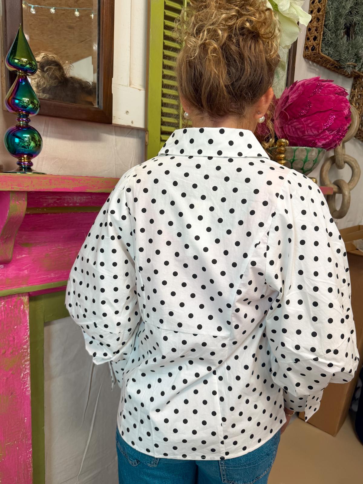 Polka Dot Blouse – Vintage Puff Sleeve Button-Up Top