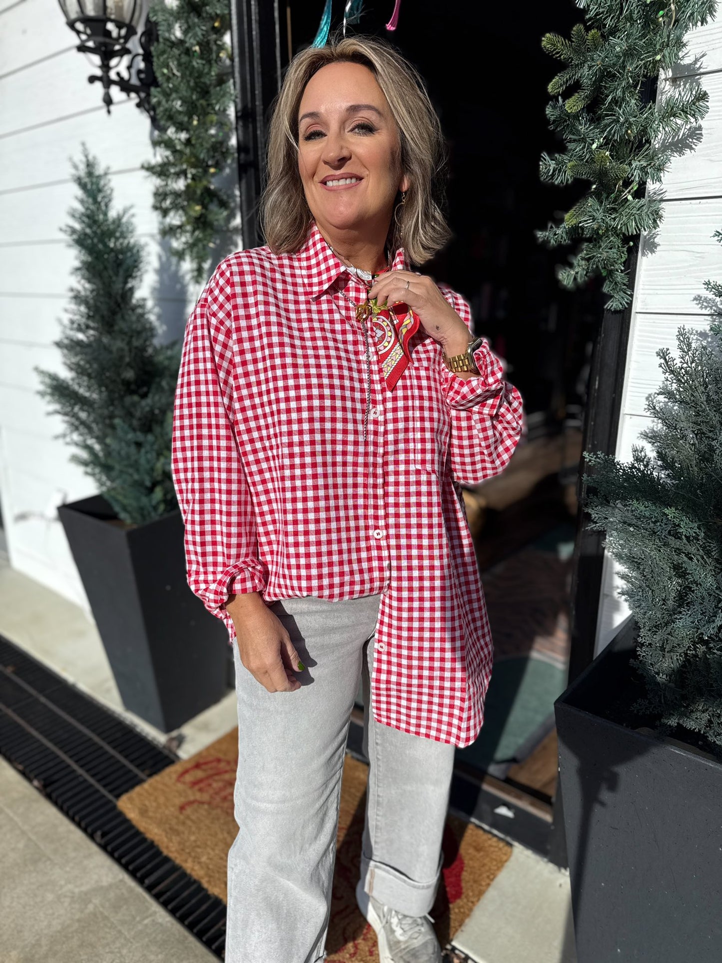 Red Gingham Flannel Button Up