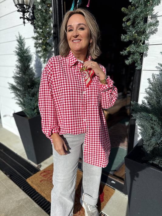 Red Gingham Flannel Button Up